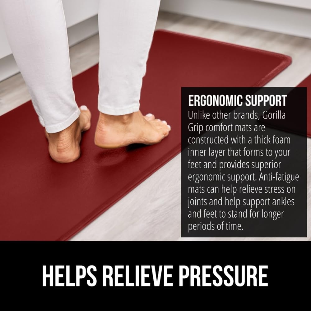 image:imageGORILLA GRIP Comfortable Cushioned Kitchen Mats for Floor 12 Inch Thick Ergonomic Standing Desk Anti Fatigue Mat Waterproof and Stain Resistant Pebbled Top Padded Foam Rug 17x24 17x48 GreyRed
