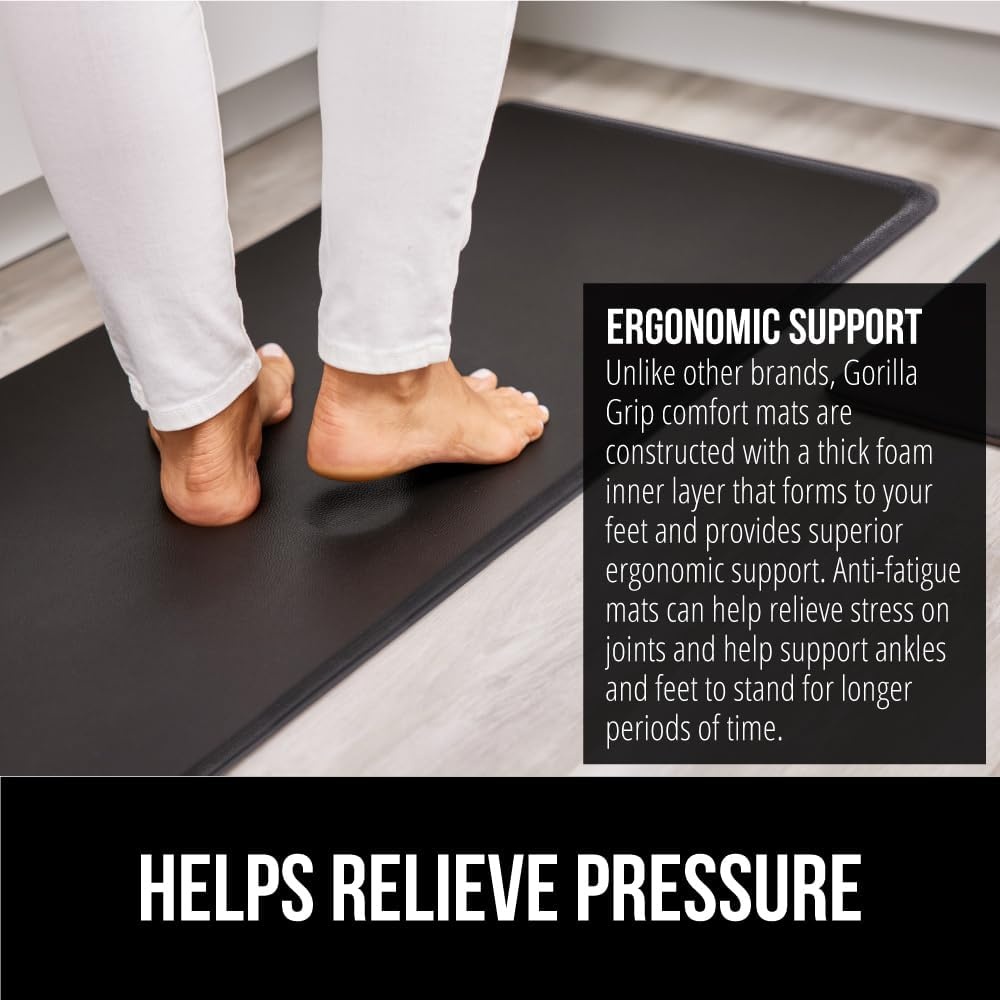 image:imageGORILLA GRIP Comfortable Cushioned Kitchen Mats for Floor 12 Inch Thick Ergonomic Standing Desk Anti Fatigue Mat Waterproof and Stain Resistant Pebbled Top Padded Foam Rug 17x24 17x48 GreyBlack