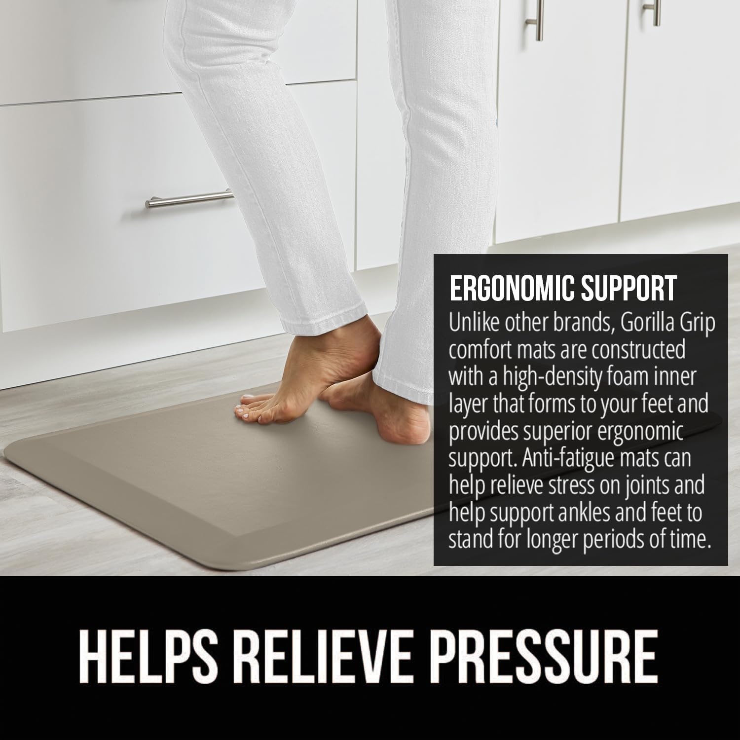 image:imageGORILLA GRIP Comfortable Cushioned Kitchen Mats for Floor 12 Inch Thick Ergonomic Standing Desk Anti Fatigue Mat Waterproof and Stain Resistant Pebbled Top Padded Foam Rug 17x24 17x48 GreyTaupe