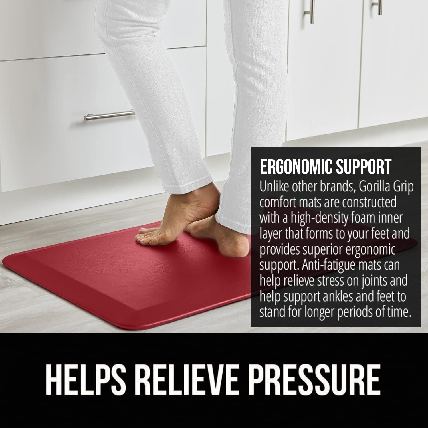 image:imageGORILLA GRIP Comfortable Cushioned Kitchen Mats for Floor 12 Inch Thick Ergonomic Standing Desk Anti Fatigue Mat Waterproof and Stain Resistant Pebbled Top Padded Foam Rug 17x24 17x48 GreyRed