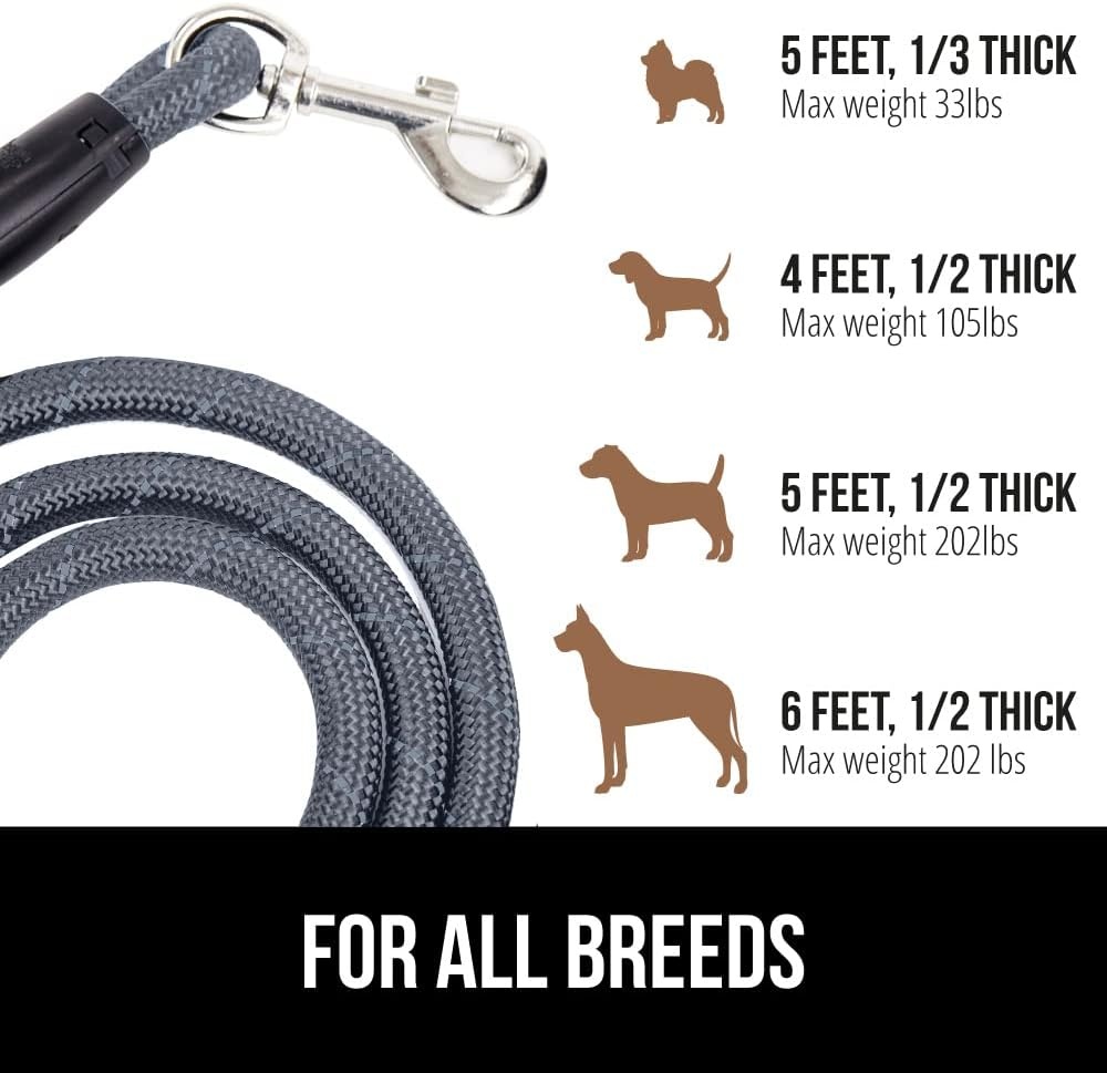 image:imageGORILLA GRIP Dog Leash Heavy Duty Reflective Rope Leashes for 33lb Dogs Cats Small Animals Puppy Training Essential for Walks Hikes Soft Handle Rotating Metal Clip Waste Bag Dispenser BlackGray