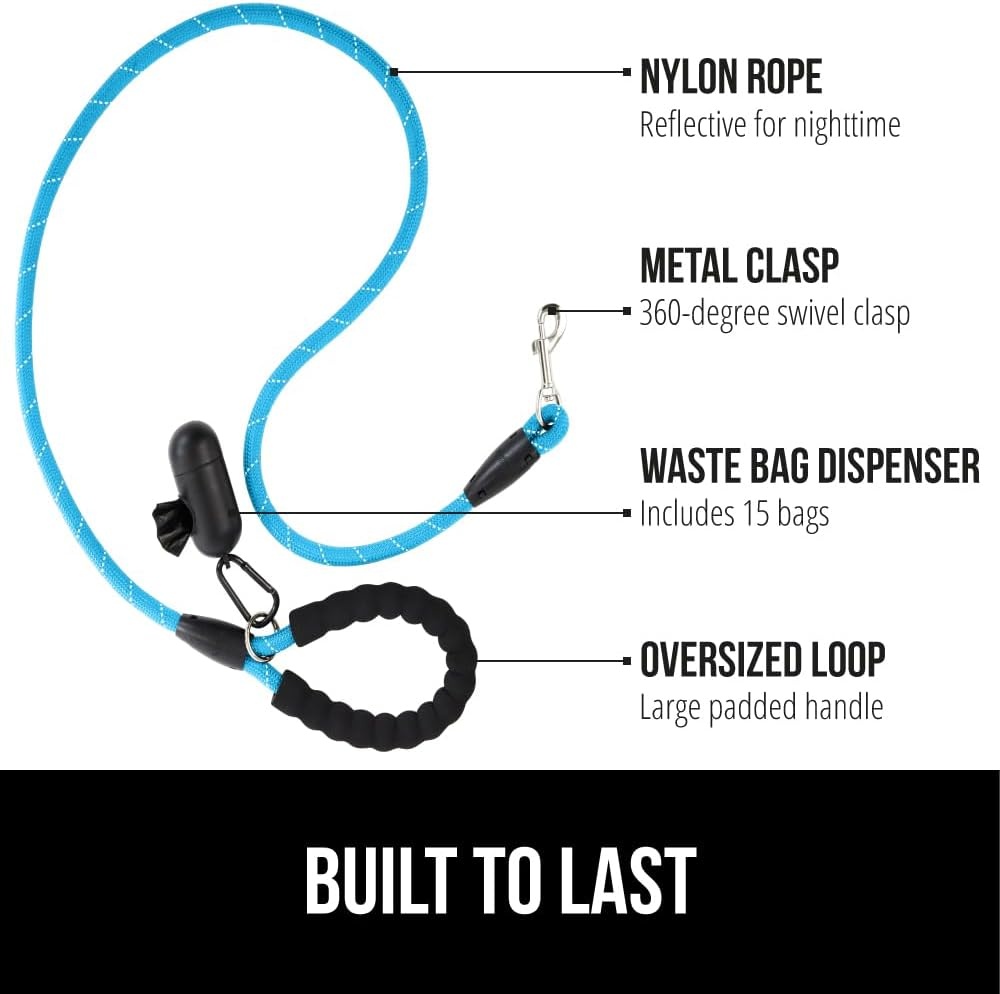 image:imageGORILLA GRIP Dog Leash Heavy Duty Reflective Rope Leashes for 33lb Dogs Cats Small Animals Puppy Training Essential for Walks Hikes Soft Handle Rotating Metal Clip Waste Bag Dispenser BlackBlue