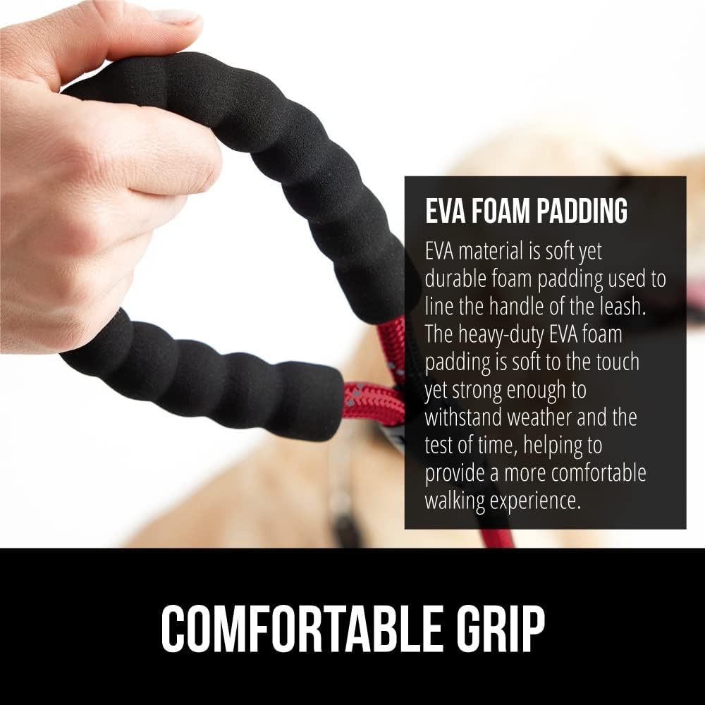 image:imageGORILLA GRIP Dog Leash Heavy Duty Reflective Rope Leashes for 33lb Dogs Cats Small Animals Puppy Training Essential for Walks Hikes Soft Handle Rotating Metal Clip Waste Bag Dispenser BlackRed