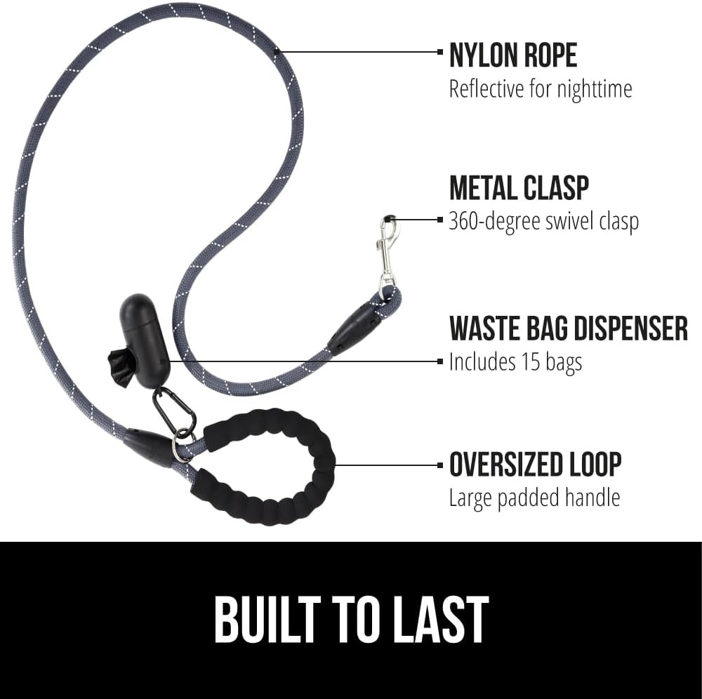 image:imageGORILLA GRIP Dog Leash Heavy Duty Reflective Rope Leashes for 33lb Dogs Cats Small Animals Puppy Training Essential for Walks Hikes Soft Handle Rotating Metal Clip Waste Bag Dispenser BlackGray