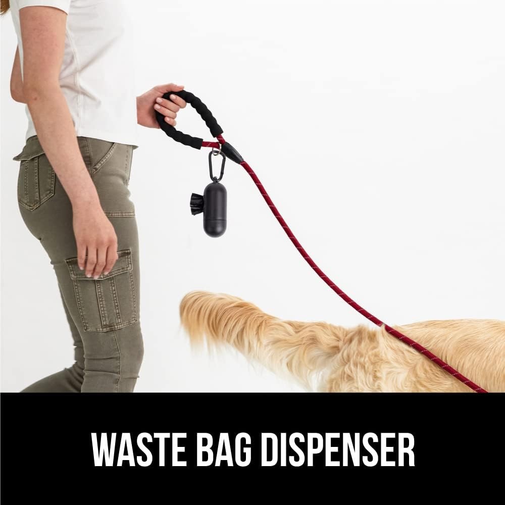 image:imageGORILLA GRIP Dog Leash Heavy Duty Reflective Rope Leashes for 33lb Dogs Cats Small Animals Puppy Training Essential for Walks Hikes Soft Handle Rotating Metal Clip Waste Bag Dispenser BlackRed