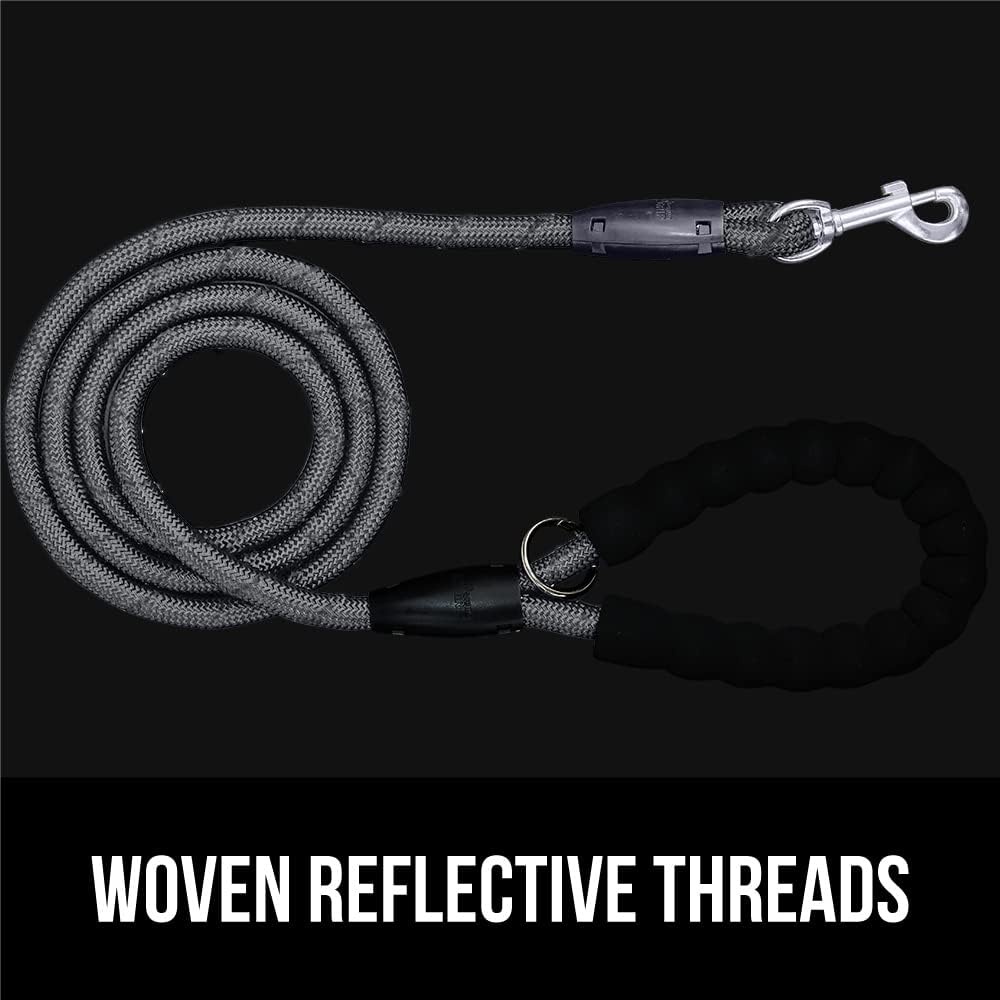 image:imageGORILLA GRIP Dog Leash Heavy Duty Reflective Rope Leashes for 33lb Dogs Cats Small Animals Puppy Training Essential for Walks Hikes Soft Handle Rotating Metal Clip Waste Bag Dispenser BlackGray