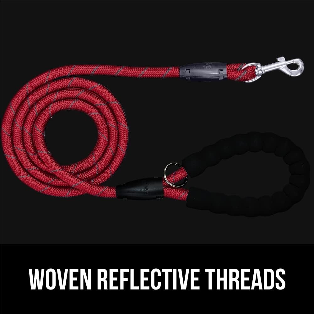 image:imageGORILLA GRIP Dog Leash Heavy Duty Reflective Rope Leashes for 33lb Dogs Cats Small Animals Puppy Training Essential for Walks Hikes Soft Handle Rotating Metal Clip Waste Bag Dispenser BlackRed
