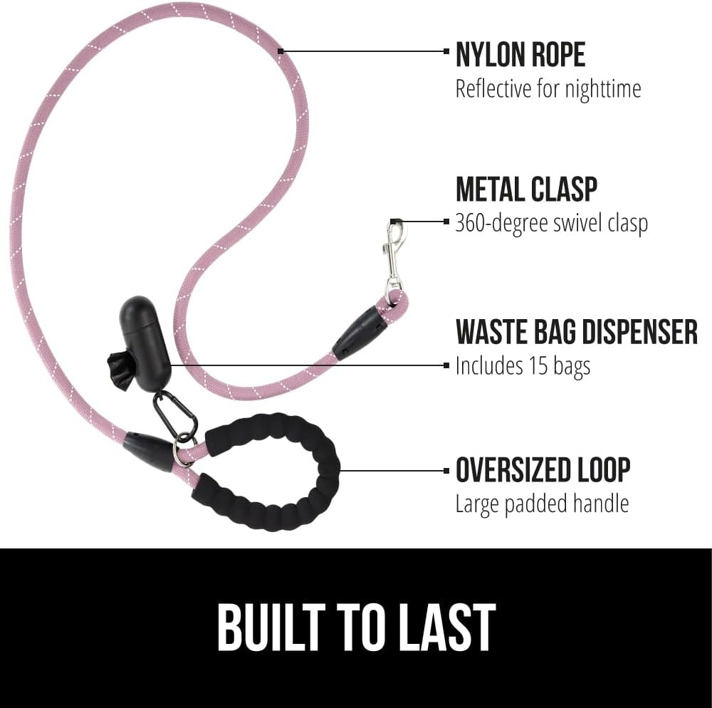 image:imageGORILLA GRIP Dog Leash Heavy Duty Reflective Rope Leashes for 33lb Dogs Cats Small Animals Puppy Training Essential for Walks Hikes Soft Handle Rotating Metal Clip Waste Bag Dispenser BlackPink