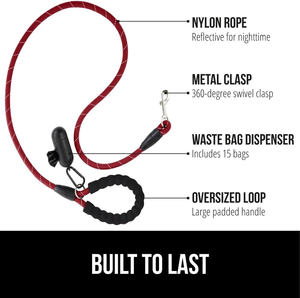 image:imageGORILLA GRIP Dog Leash Heavy Duty Reflective Rope Leashes for 33lb Dogs Cats Small Animals Puppy Training Essential for Walks Hikes Soft Handle Rotating Metal Clip Waste Bag Dispenser BlackRed