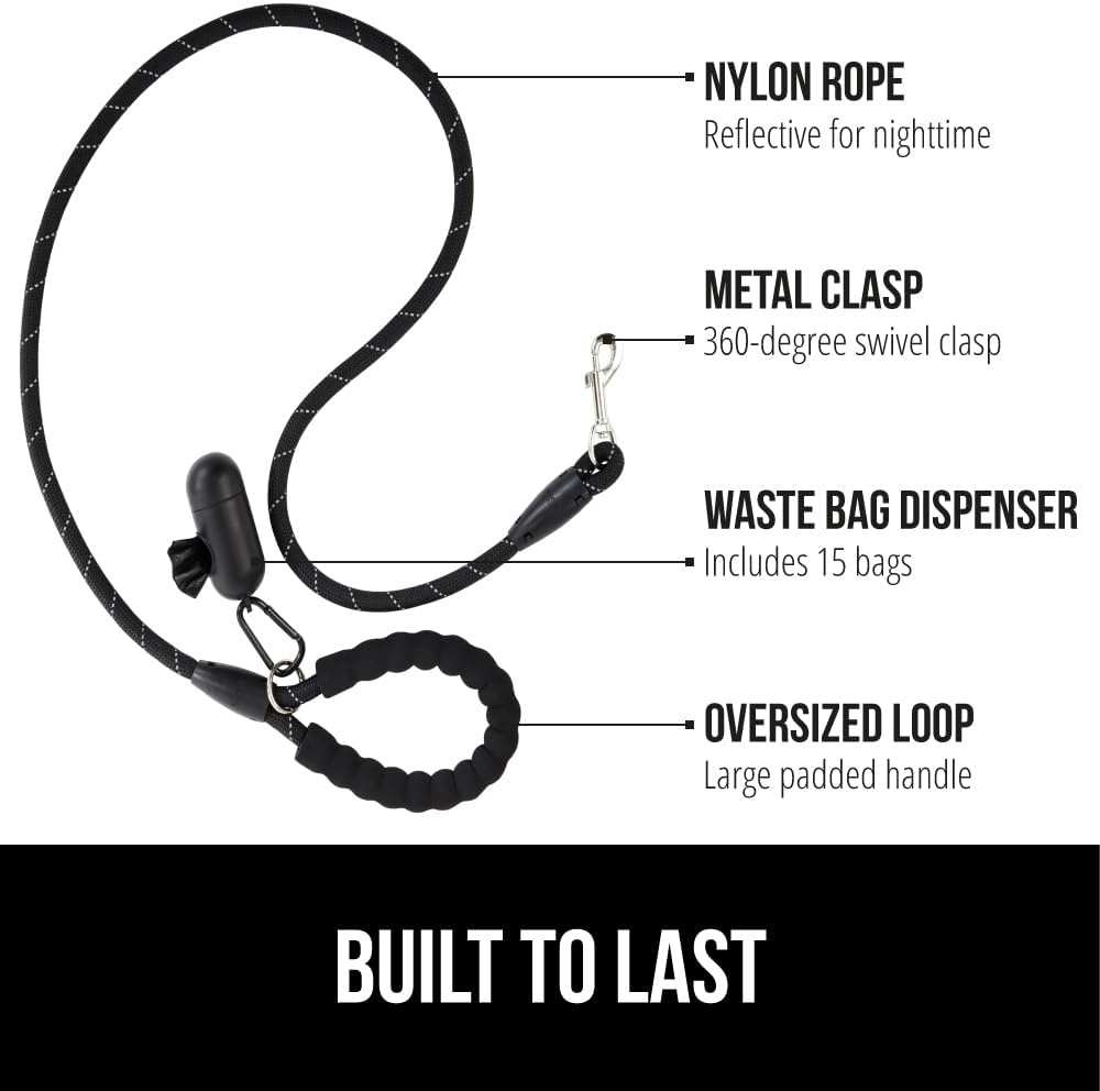 image:imageGORILLA GRIP Dog Leash Heavy Duty Reflective Rope Leashes for 33lb Dogs Cats Small Animals Puppy Training Essential for Walks Hikes Soft Handle Rotating Metal Clip Waste Bag Dispenser BlackBlack