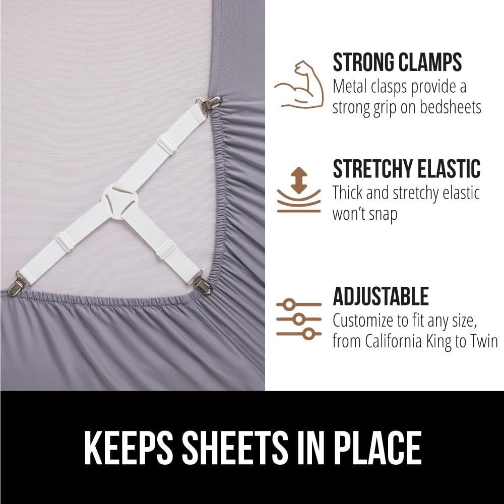 image:imageGORILLA GRIP Patented Bed Sheet Holders Adjustable Elastic Fasteners with Metal Clips Keep in Place Fitted Bedding Straps Firm Tight Suspenders for Mattress US Designed 4 Pack WhiteWhite
