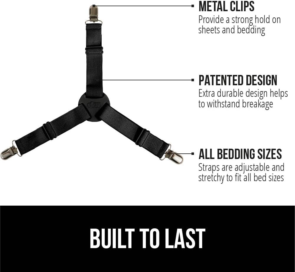 image:imageGORILLA GRIP Patented Bed Sheet Holders Adjustable Elastic Fasteners with Metal Clips Keep in Place Fitted Bedding Straps Firm Tight Suspenders for Mattress US Designed 4 Pack WhiteBlack
