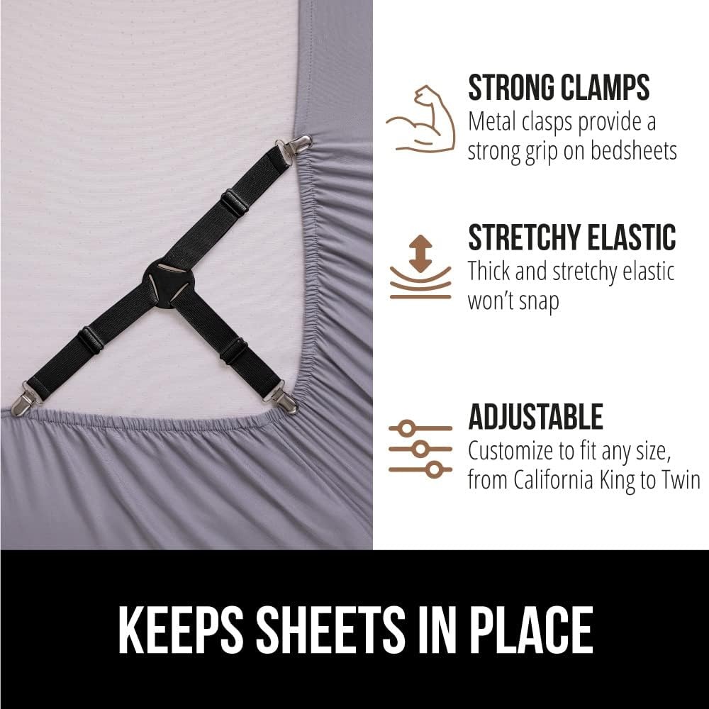 image:imageGORILLA GRIP Patented Bed Sheet Holders Adjustable Elastic Fasteners with Metal Clips Keep in Place Fitted Bedding Straps Firm Tight Suspenders for Mattress US Designed 4 Pack WhiteBlack