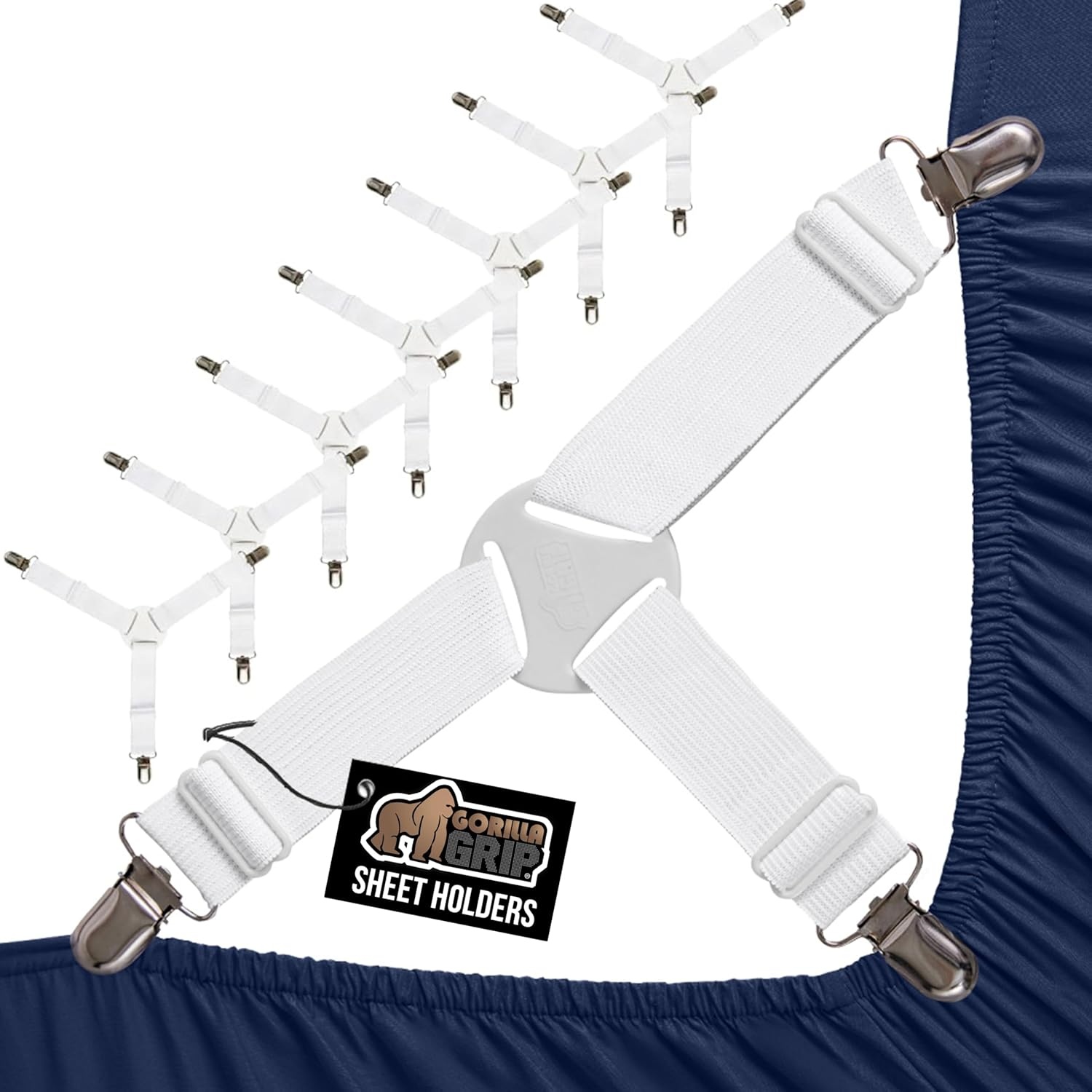 image:imageGORILLA GRIP Patented Bed Sheet Holders Adjustable Elastic Fasteners with Metal Clips Keep in Place Fitted Bedding Straps Firm Tight Suspenders for Mattress US Designed 4 Pack WhiteWhite