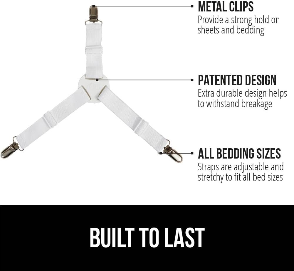 image:imageGORILLA GRIP Patented Bed Sheet Holders Adjustable Elastic Fasteners with Metal Clips Keep in Place Fitted Bedding Straps Firm Tight Suspenders for Mattress US Designed 4 Pack WhiteWhite