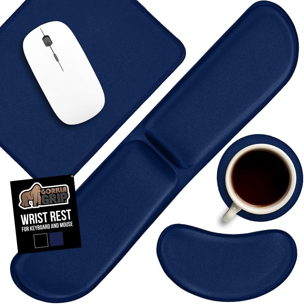 image:imageGORILLA GRIP Silky Memory Foam Keyboard Wrist Rest and Mouse Pad for Computer Ergonomic Typing Support Desk Office Supplies and Gaming Accessories Hand amp Arm Mousepad Cushions and Coaster Set BlackNavy Blue