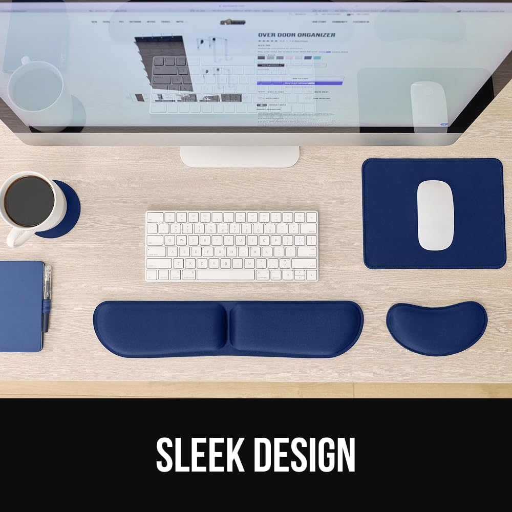 image:imageGORILLA GRIP Silky Memory Foam Keyboard Wrist Rest and Mouse Pad for Computer Ergonomic Typing Support Desk Office Supplies and Gaming Accessories Hand amp Arm Mousepad Cushions and Coaster Set BlackNavy Blue