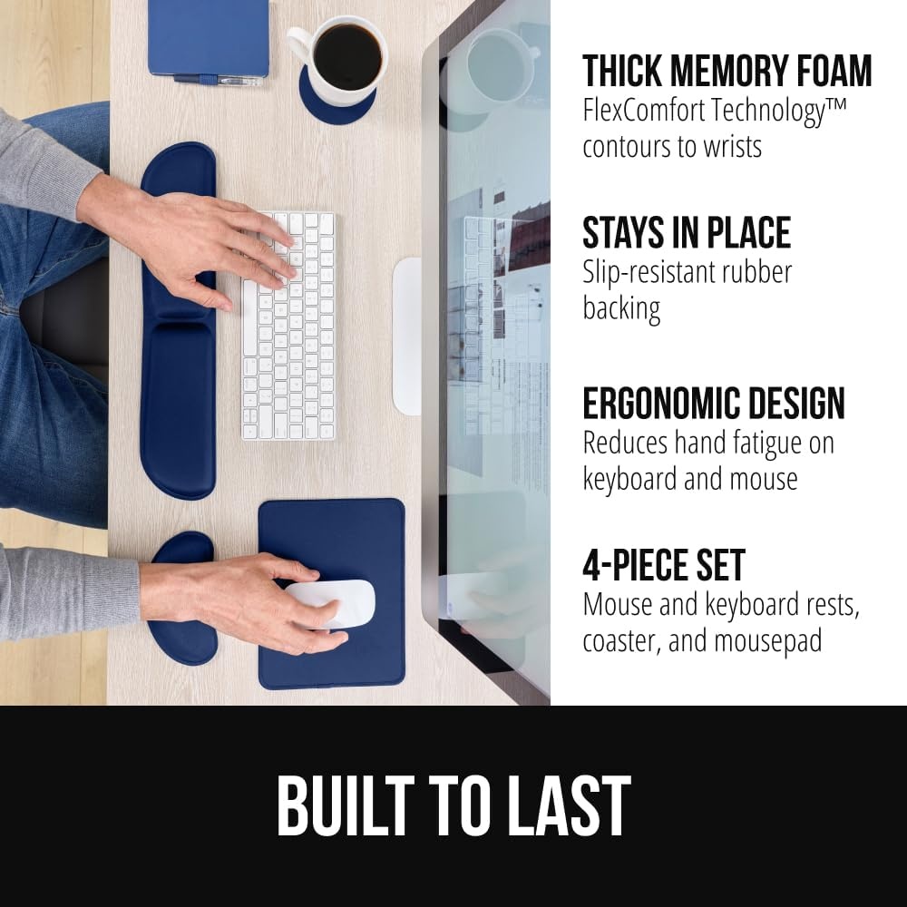 image:imageGORILLA GRIP Silky Memory Foam Keyboard Wrist Rest and Mouse Pad for Computer Ergonomic Typing Support Desk Office Supplies and Gaming Accessories Hand amp Arm Mousepad Cushions and Coaster Set BlackNavy Blue