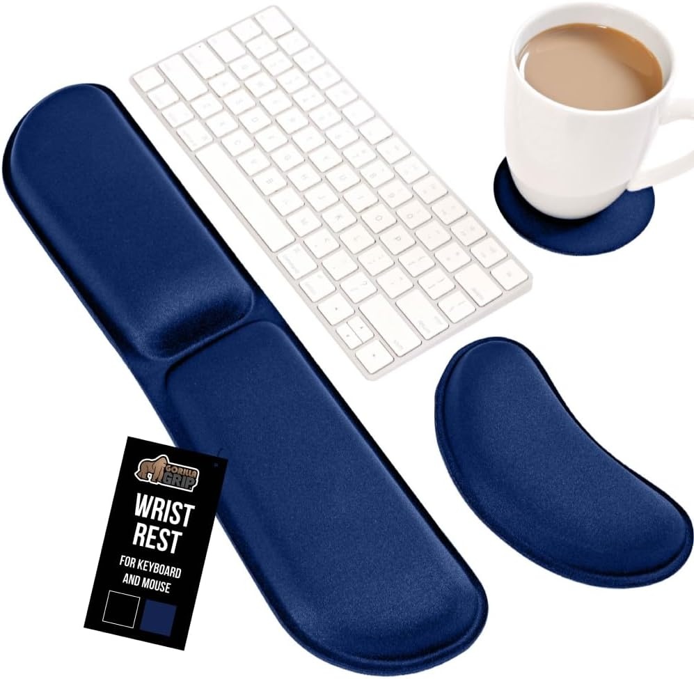 image:imageGORILLA GRIP Silky Memory Foam Keyboard Wrist Rest and Mouse Pad for Computer Ergonomic Typing Support Desk Office Supplies and Gaming Accessories Hand amp Arm Mousepad Cushions and Coaster Set BlackNavy Blue
