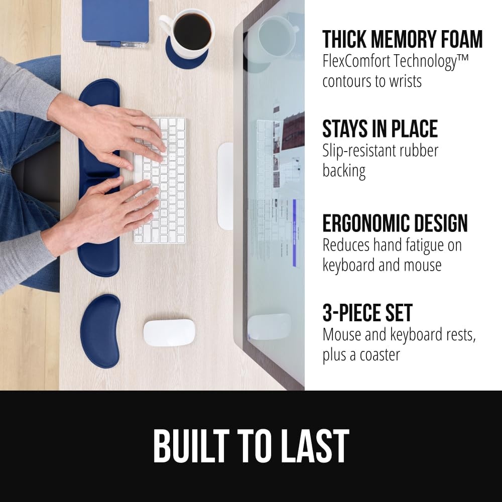 image:imageGORILLA GRIP Silky Memory Foam Keyboard Wrist Rest and Mouse Pad for Computer Ergonomic Typing Support Desk Office Supplies and Gaming Accessories Hand amp Arm Mousepad Cushions and Coaster Set BlackNavy Blue