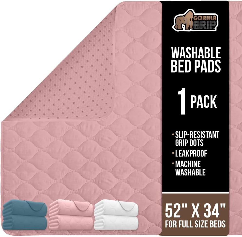 image:imageGORILLA GRIP Washable Underpads Waterproof Reusable Heavy Absorbency Incontinence Bed Pads Leak Proof Toddler Mattress Pad 52x34 Slip Resistant Protector for Bedwetting Adults and Kids WhitePink