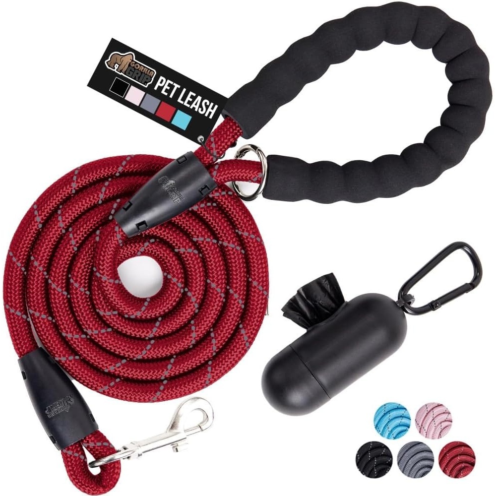 image:imageGORILLA GRIP Dog Leash Heavy Duty Reflective Rope Leashes for 33lb Dogs Cats Small Animals Puppy Training Essential for Walks Hikes Soft Handle Rotating Metal Clip Waste Bag Dispenser BlackRed