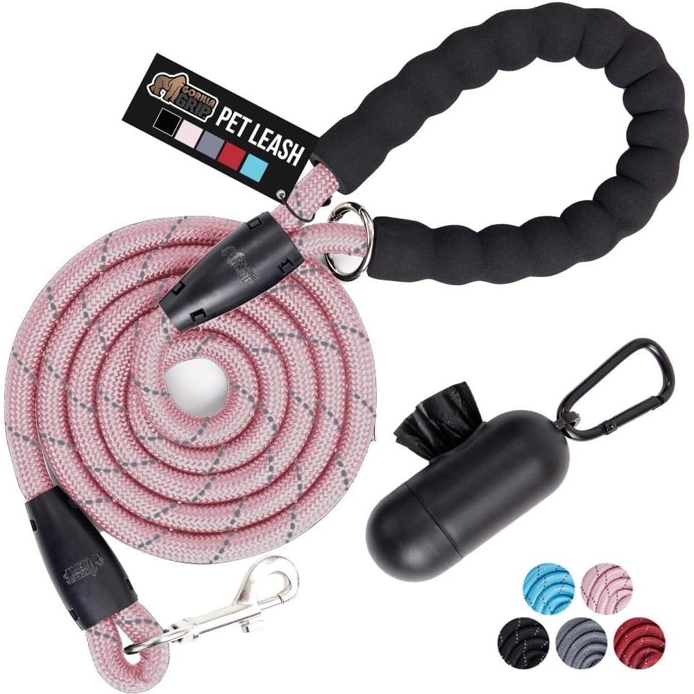 image:imageGORILLA GRIP Dog Leash Heavy Duty Reflective Rope Leashes for 33lb Dogs Cats Small Animals Puppy Training Essential for Walks Hikes Soft Handle Rotating Metal Clip Waste Bag Dispenser BlackPink