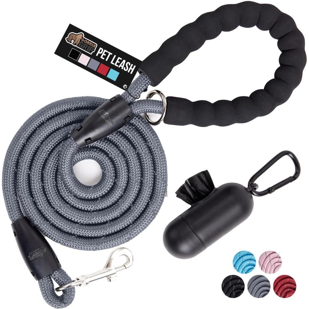 image:imageGORILLA GRIP Dog Leash Heavy Duty Reflective Rope Leashes for 33lb Dogs Cats Small Animals Puppy Training Essential for Walks Hikes Soft Handle Rotating Metal Clip Waste Bag Dispenser BlackGray