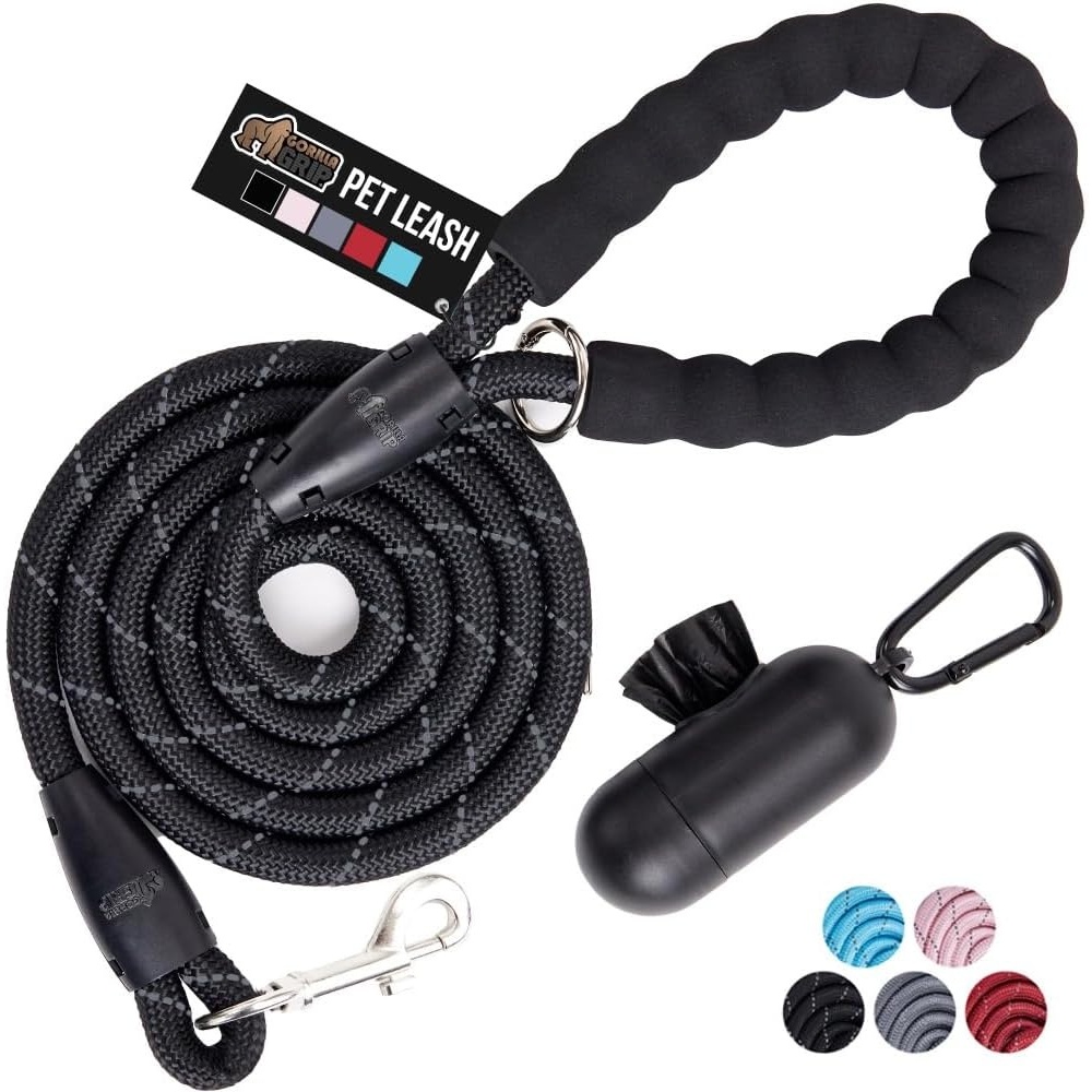 image:imageGORILLA GRIP Dog Leash Heavy Duty Reflective Rope Leashes for 33lb Dogs Cats Small Animals Puppy Training Essential for Walks Hikes Soft Handle Rotating Metal Clip Waste Bag Dispenser BlackBlack