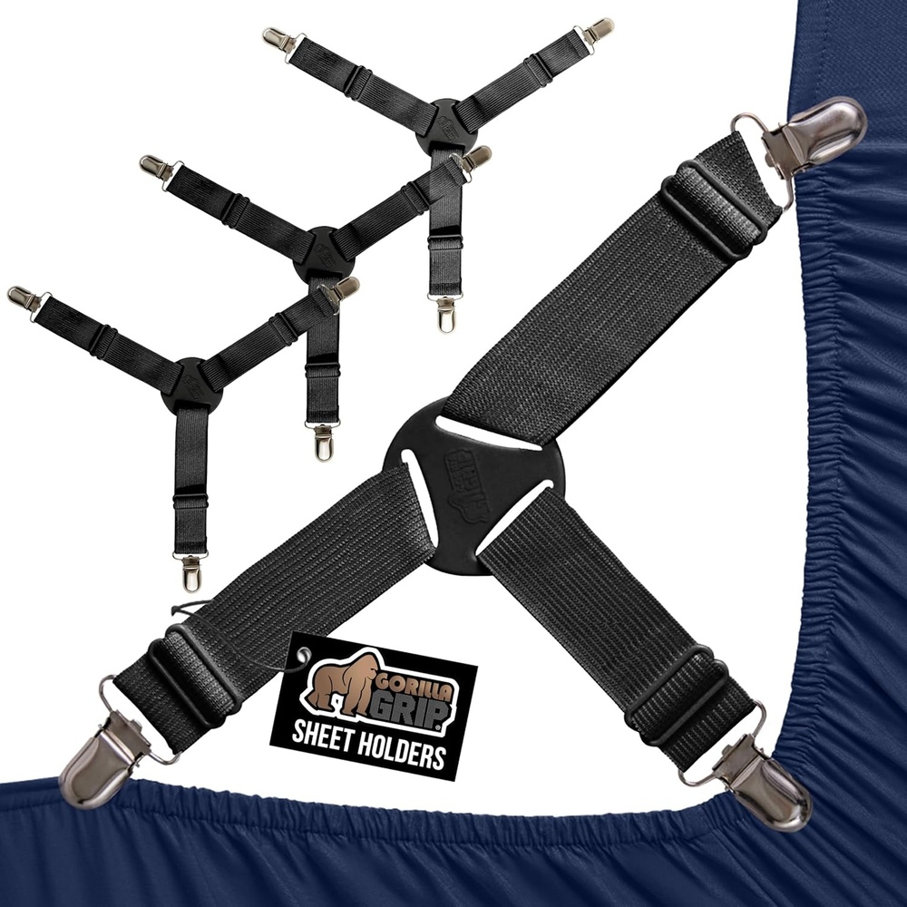image:imageGORILLA GRIP Patented Bed Sheet Holders Adjustable Elastic Fasteners with Metal Clips Keep in Place Fitted Bedding Straps Firm Tight Suspenders for Mattress US Designed 4 Pack WhiteBlack