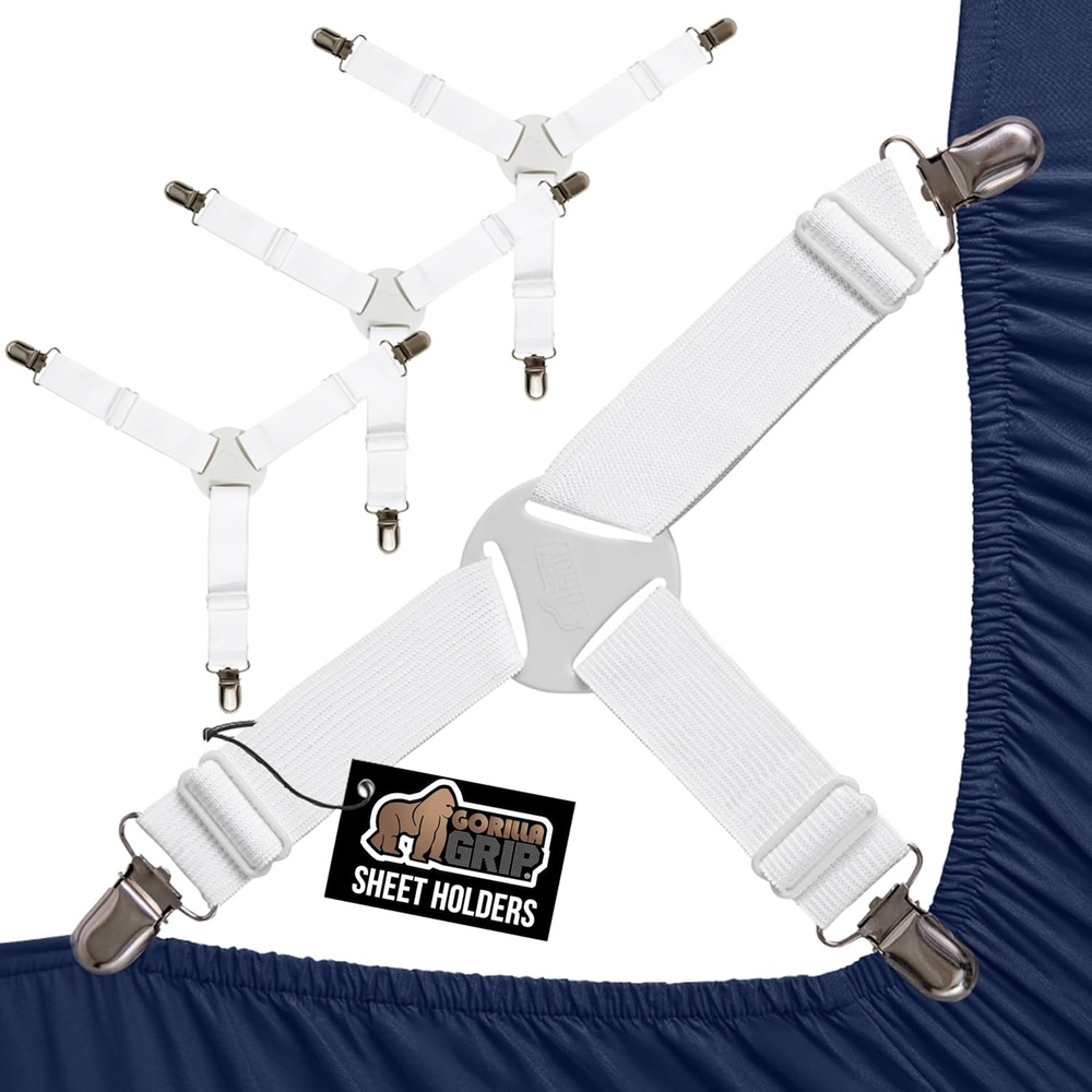 image:imageGORILLA GRIP Patented Bed Sheet Holders Adjustable Elastic Fasteners with Metal Clips Keep in Place Fitted Bedding Straps Firm Tight Suspenders for Mattress US Designed 4 Pack WhiteWhite
