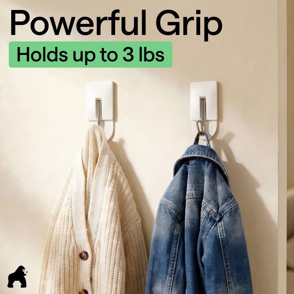 image:imageGORILLA GRIP Adhesive Hooks for Hanging Heavy Duty Self Adhesive Wall Hooks DamageFree Removable Metal Hook No Tools Required Wall Hanger for Kitchen Bathroom Towel Coat Keys Purse 5 PackWhite