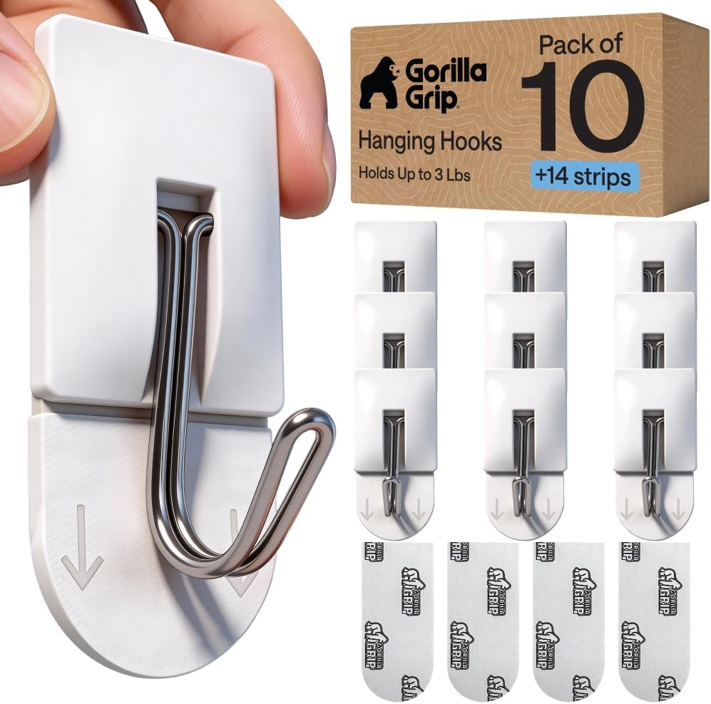 image:imageGORILLA GRIP Adhesive Hooks for Hanging Heavy Duty Self Adhesive Wall Hooks DamageFree Removable Metal Hook No Tools Required Wall Hanger for Kitchen Bathroom Towel Coat Keys Purse 5 PackWhite