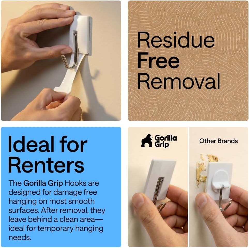 image:imageGORILLA GRIP Adhesive Hooks for Hanging Heavy Duty Self Adhesive Wall Hooks DamageFree Removable Metal Hook No Tools Required Wall Hanger for Kitchen Bathroom Towel Coat Keys Purse 5 PackWhite