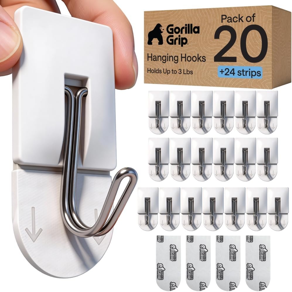 image:imageGORILLA GRIP Adhesive Hooks for Hanging Heavy Duty Self Adhesive Wall Hooks DamageFree Removable Metal Hook No Tools Required Wall Hanger for Kitchen Bathroom Towel Coat Keys Purse 5 PackWhite