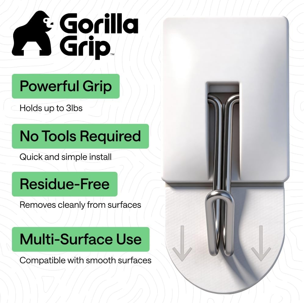 image:imageGORILLA GRIP Adhesive Hooks for Hanging Heavy Duty Self Adhesive Wall Hooks DamageFree Removable Metal Hook No Tools Required Wall Hanger for Kitchen Bathroom Towel Coat Keys Purse 5 PackWhite