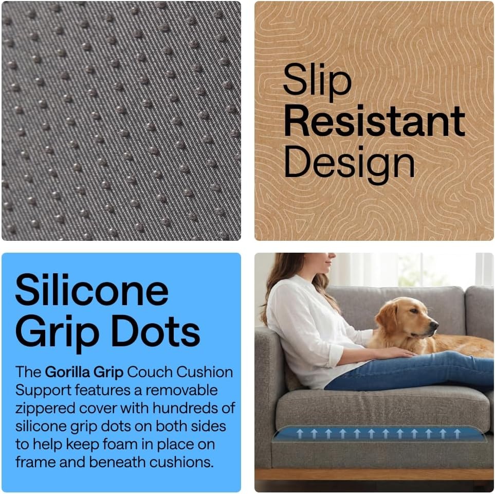 image:imageGORILLA GRIP Ergonomic High Density Couch Cushion Support Foam Quick Rebound Sofa Lifters for Sagging Cushions Stays in Place with Grip Dots Replacement Stuffing 20x19x175 Inches 1 Pack GrayGrey