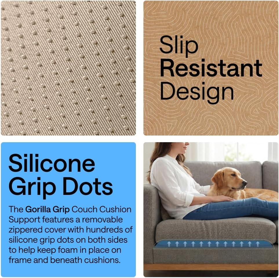 image:imageGORILLA GRIP Ergonomic High Density Couch Cushion Support Foam Quick Rebound Sofa Lifters for Sagging Cushions Stays in Place with Grip Dots Replacement Stuffing 20x19x175 Inches 1 Pack GrayBeige