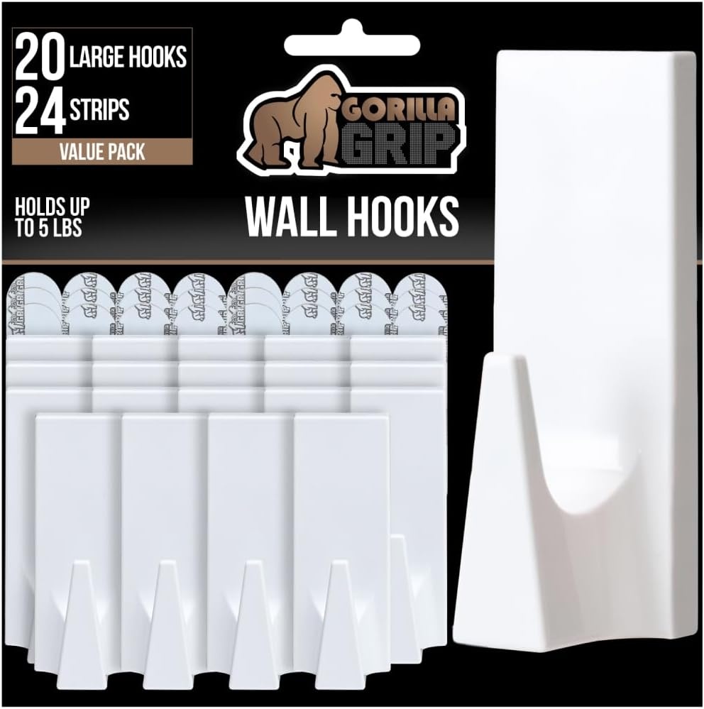 image:imageGORILLA GRIP Heavy Duty Reusable Wall Hooks for Hanging Strong Easy Install Stick on Removable Adhesive Hook No Nail Damage Multisurface Use for Christmas Decorations 5 Pack and 7 Strips PlasticWhite