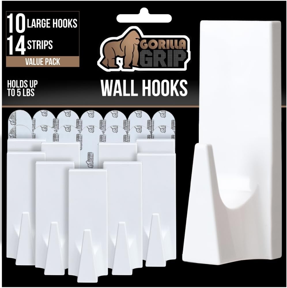 image:imageGORILLA GRIP Heavy Duty Reusable Wall Hooks for Hanging Strong Easy Install Stick on Removable Adhesive Hook No Nail Damage Multisurface Use for Christmas Decorations 5 Pack and 7 Strips PlasticWhite