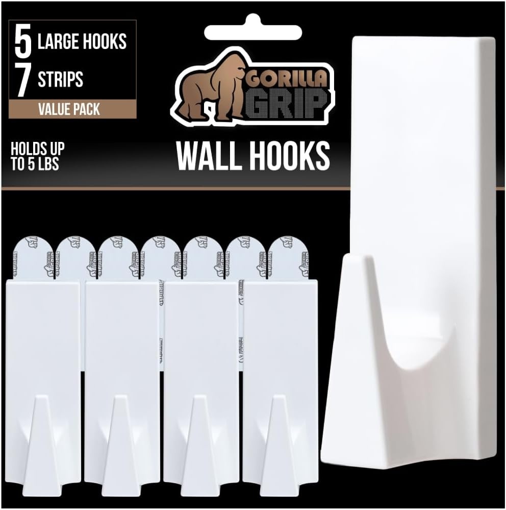 image:imageGORILLA GRIP Heavy Duty Reusable Wall Hooks for Hanging Strong Easy Install Stick on Removable Adhesive Hook No Nail Damage Multisurface Use for Christmas Decorations 5 Pack and 7 Strips PlasticWhite