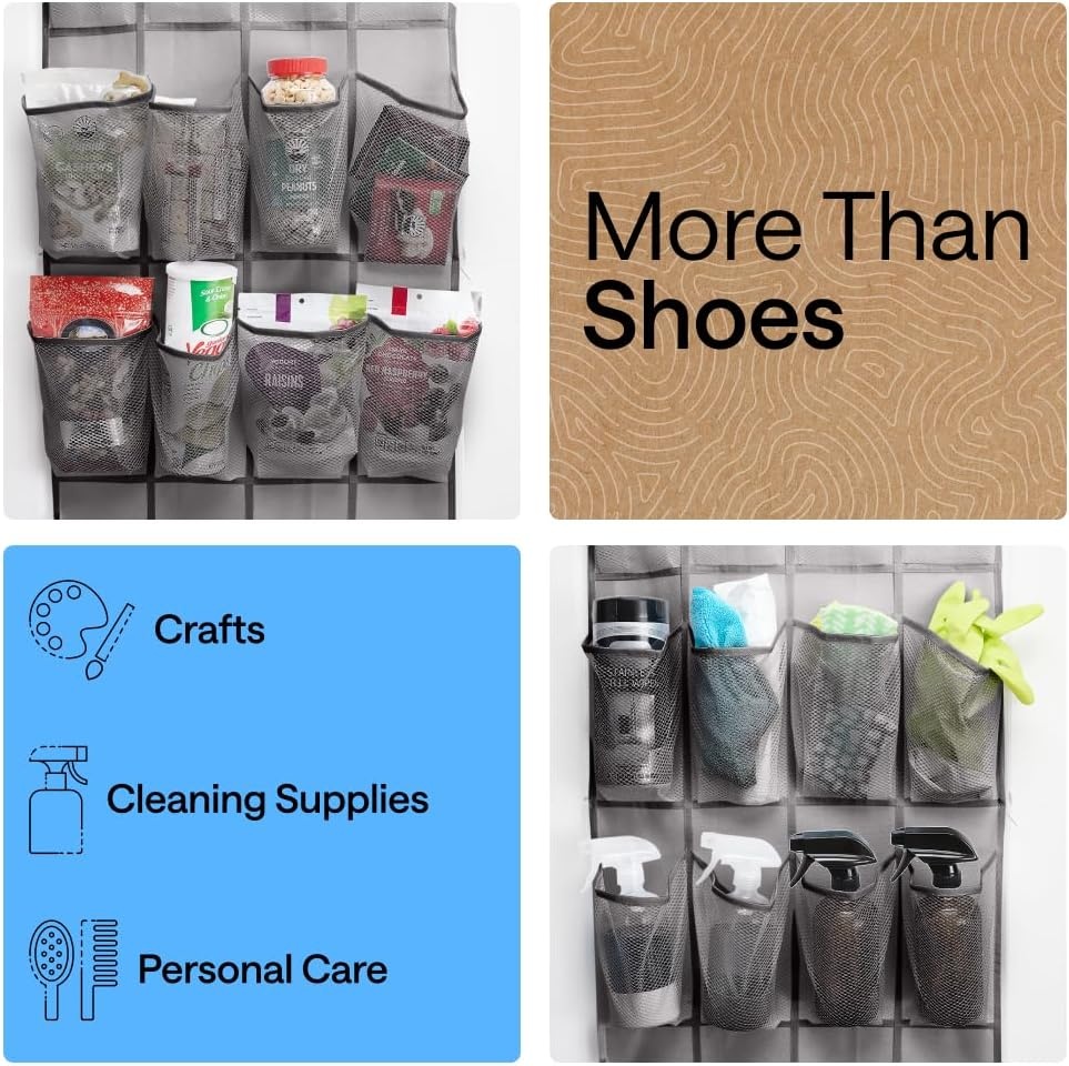 image:imageGORILLA GRIP Over the Door Shoe Organizer 24 Large Breathable Mesh Pockets Space Saving Hanging Storage Holder Closet Rack Hanger Holds Up to 40 lbs Hangs on Closets for Shoes Accessories BlackGrey