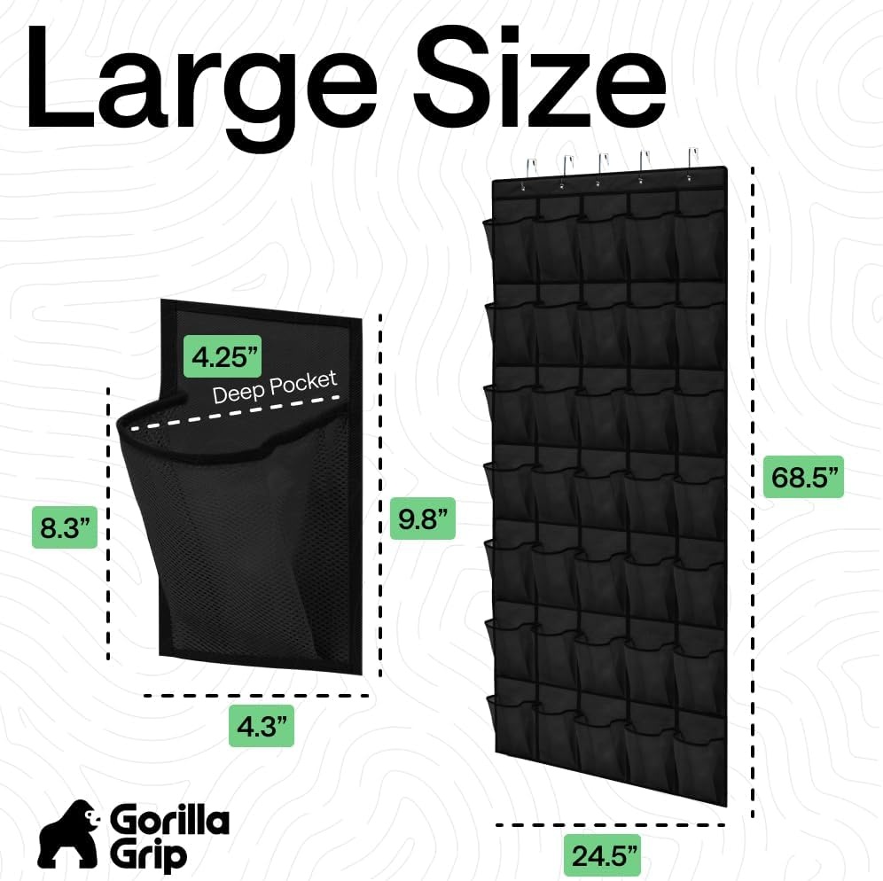 image:imageGORILLA GRIP Over the Door Shoe Organizer 24 Large Breathable Mesh Pockets Space Saving Hanging Storage Holder Closet Rack Hanger Holds Up to 40 lbs Hangs on Closets for Shoes Accessories BlackBlack
