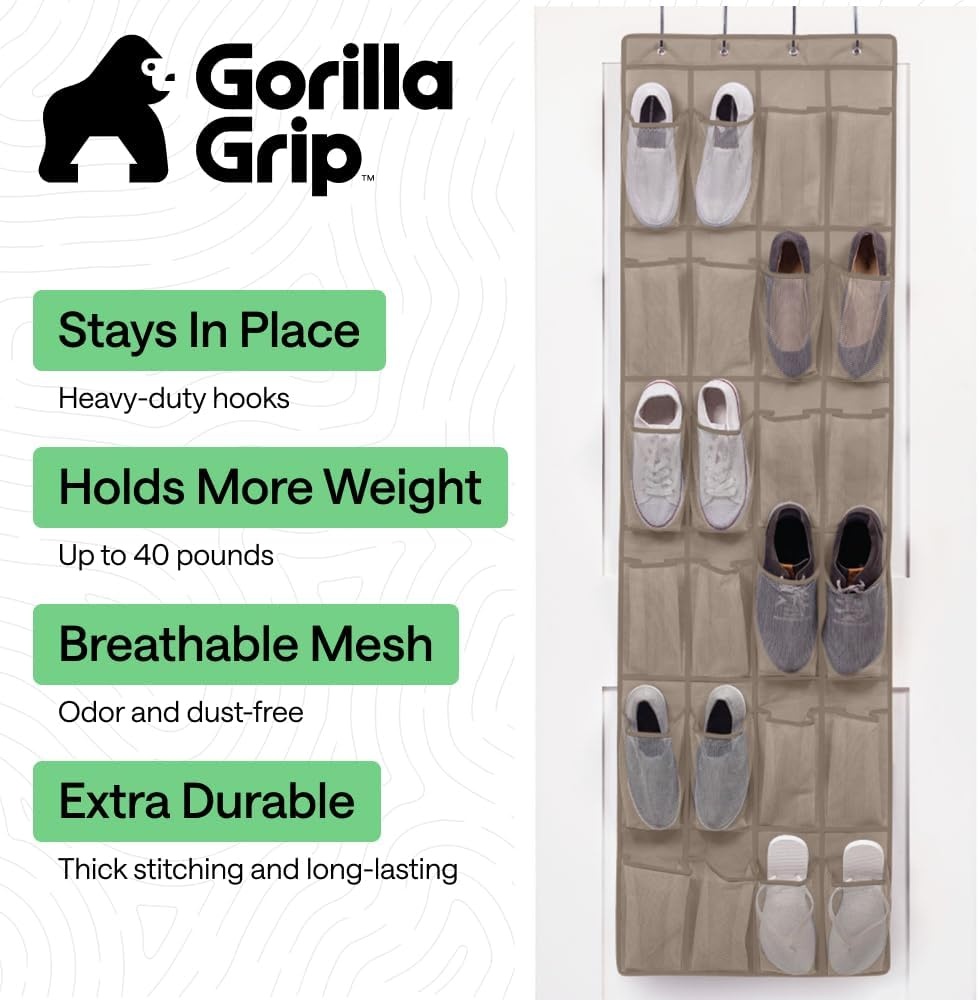 image:imageGORILLA GRIP Over the Door Shoe Organizer 24 Large Breathable Mesh Pockets Space Saving Hanging Storage Holder Closet Rack Hanger Holds Up to 40 lbs Hangs on Closets for Shoes Accessories BlackBeige