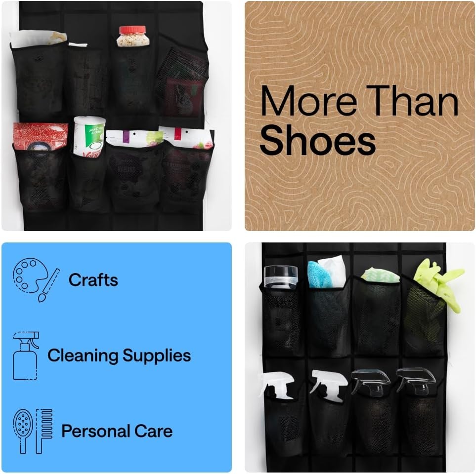 image:imageGORILLA GRIP Over the Door Shoe Organizer 24 Large Breathable Mesh Pockets Space Saving Hanging Storage Holder Closet Rack Hanger Holds Up to 40 lbs Hangs on Closets for Shoes Accessories BlackBlack