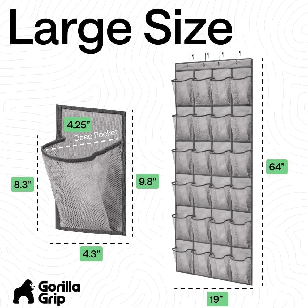 image:imageGORILLA GRIP Over the Door Shoe Organizer 24 Large Breathable Mesh Pockets Space Saving Hanging Storage Holder Closet Rack Hanger Holds Up to 40 lbs Hangs on Closets for Shoes Accessories BlackGrey