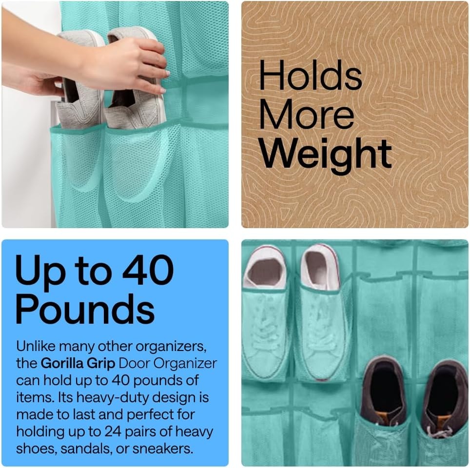 image:imageGORILLA GRIP Over the Door Shoe Organizer 24 Large Breathable Mesh Pockets Space Saving Hanging Storage Holder Closet Rack Hanger Holds Up to 40 lbs Hangs on Closets for Shoes Accessories BlackTurquoise