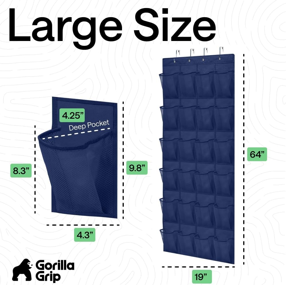 image:imageGORILLA GRIP Over the Door Shoe Organizer 24 Large Breathable Mesh Pockets Space Saving Hanging Storage Holder Closet Rack Hanger Holds Up to 40 lbs Hangs on Closets for Shoes Accessories BlackNavy