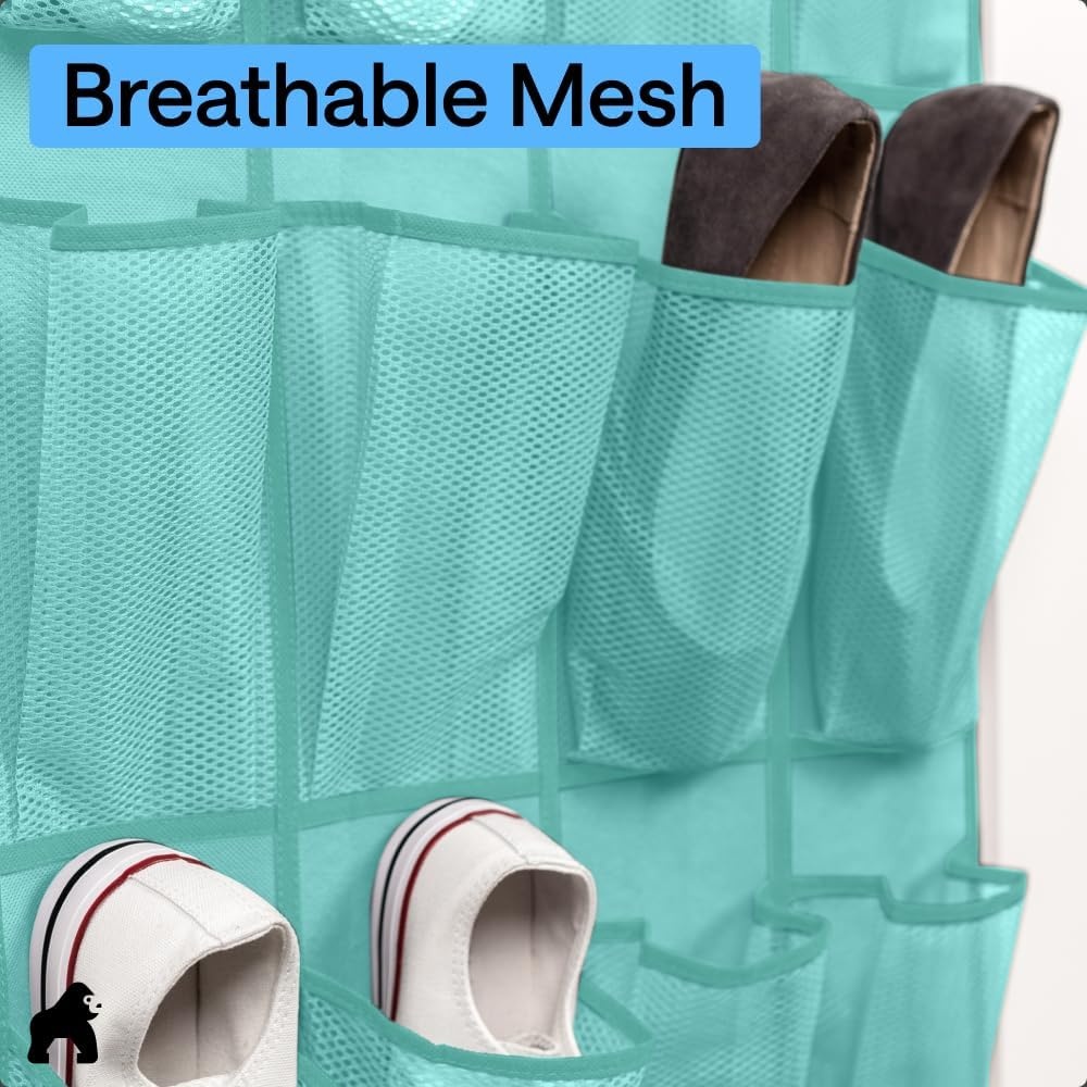 image:imageGORILLA GRIP Over the Door Shoe Organizer 24 Large Breathable Mesh Pockets Space Saving Hanging Storage Holder Closet Rack Hanger Holds Up to 40 lbs Hangs on Closets for Shoes Accessories BlackTurquoise