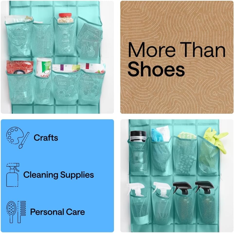 image:imageGORILLA GRIP Over the Door Shoe Organizer 24 Large Breathable Mesh Pockets Space Saving Hanging Storage Holder Closet Rack Hanger Holds Up to 40 lbs Hangs on Closets for Shoes Accessories BlackTurquoise